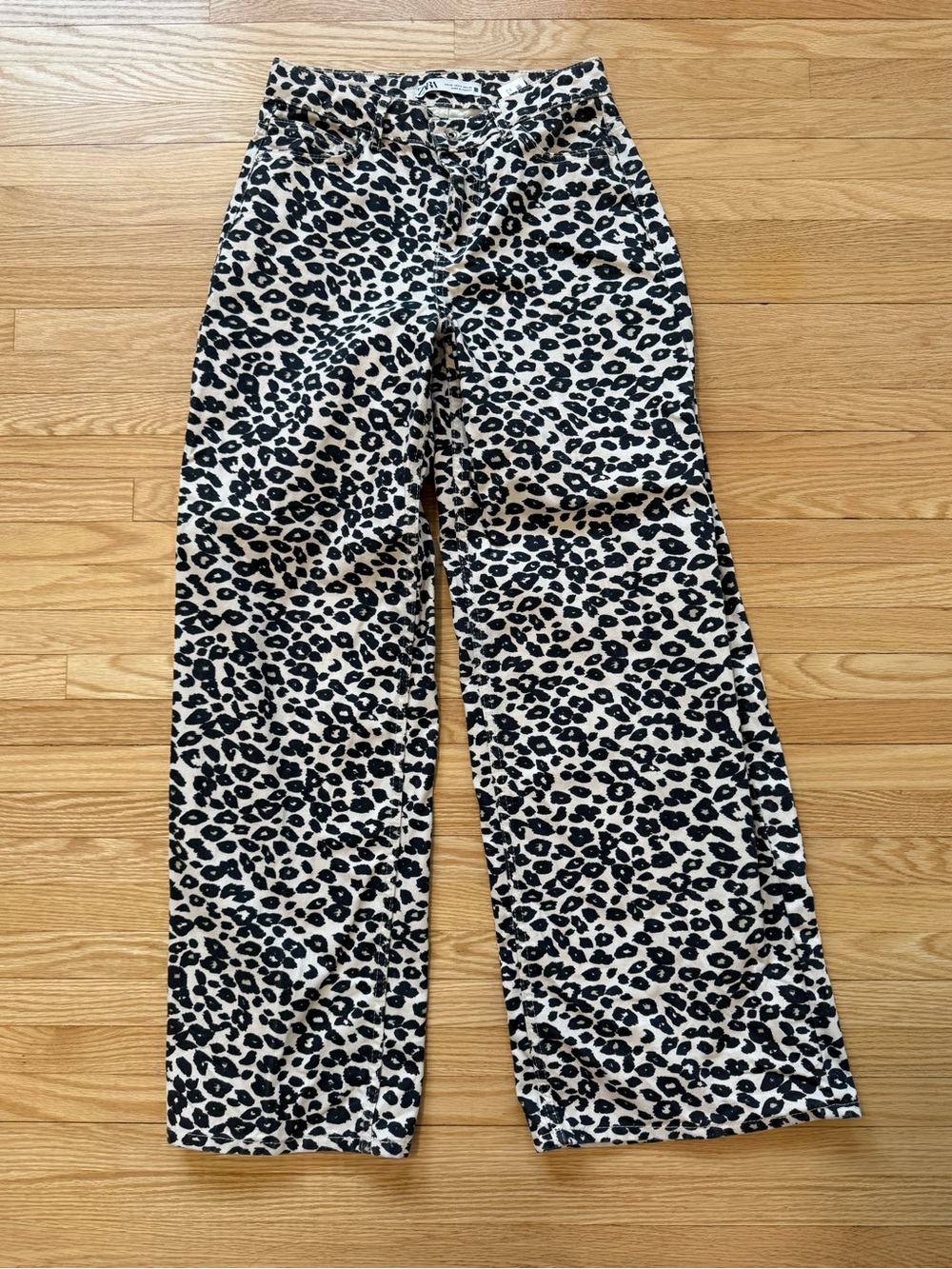 Zara Leopard Print Wide Leg Jeans in Black and Cream